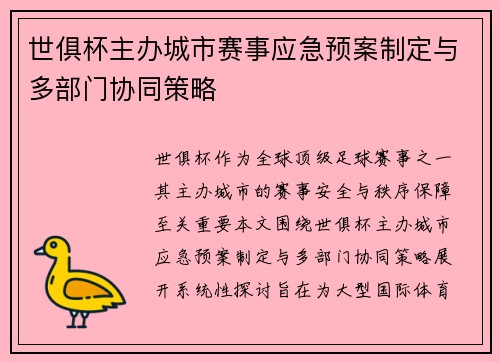世俱杯主办城市赛事应急预案制定与多部门协同策略